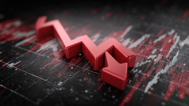 Red downward trending arrow symbolizing financial market decline, economic recession, and stock price crash