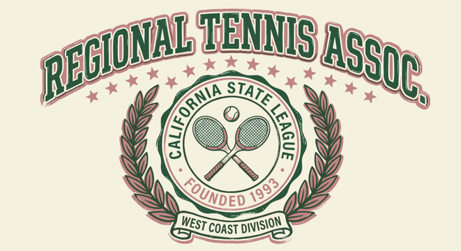 Vintage style regional tennis association logo featuring crossed rackets, a ball, laurel wreath, and stars in a retro varsity aesthetic with green and pink colors on a cream background.