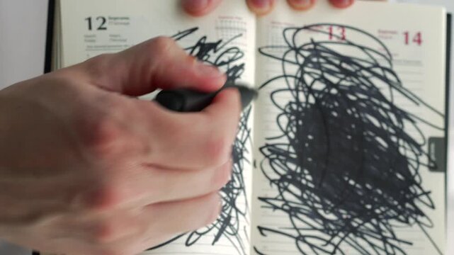 Drawing in a notebook with a black marker.
Drawing random lines and circles in a notebook with a black highlighter.