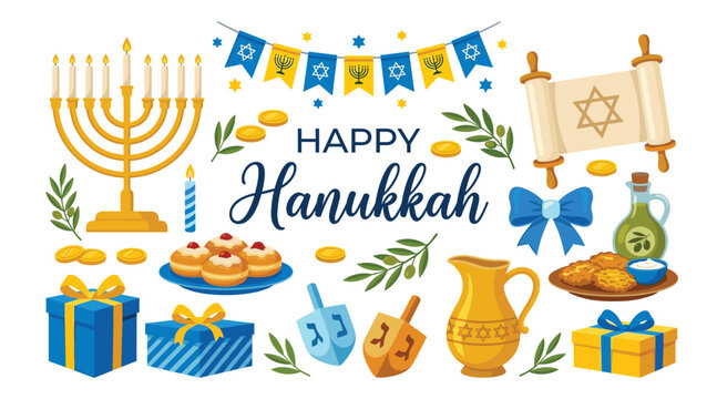 Happy Hanukkah greeting card elements. Menorah, scroll, dreidel, donuts, coins, oil jug, latkes, gifts, bunting flags and olive branch.