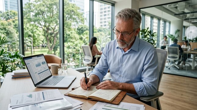 Businessman writes notes with laptop, professional shot in bright office with park view, conveying calm productivity.