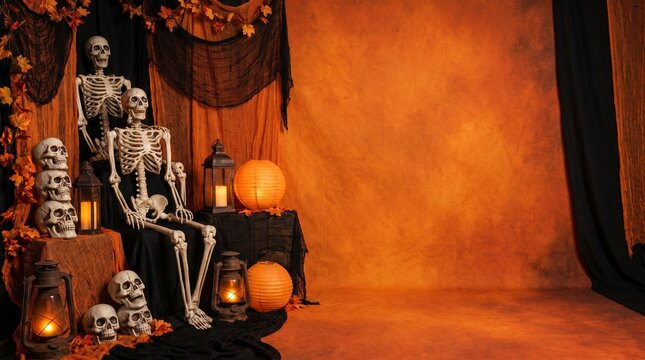Spooky halloween setup with skeletons and lanterns for fall decor