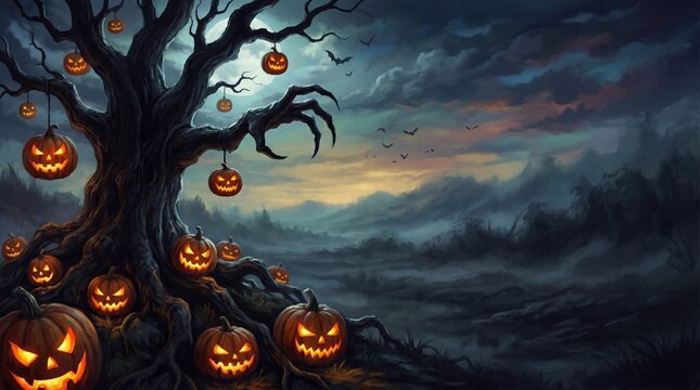 Spooky halloween landscape with jack o' lanterns and bare tree against dramatic sunset