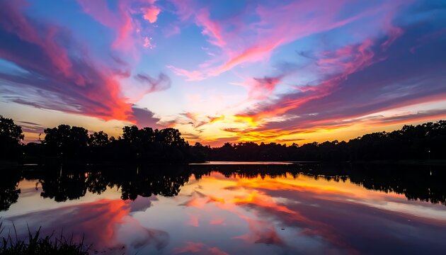 Vibrant sunset over serene lake water.