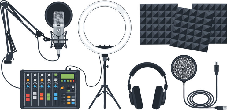 Podcast and Live Streaming Studio Equipment Vector Icon Set with Microphone Mixer Ring Light Acoustic Foam Panels Headphones and Pop Filter