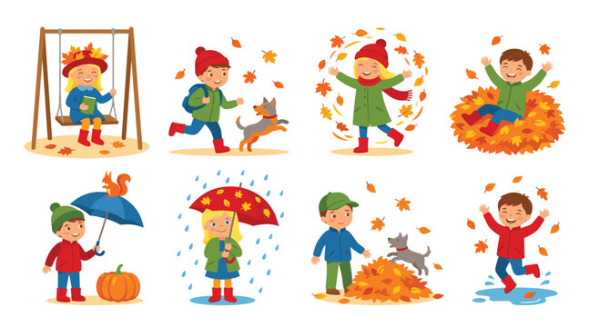 Happy children playing autumn season outdoor activities vector illustration. Swing ride, falling leaves pile, running dog, rain umbrella and puddle jumping.
