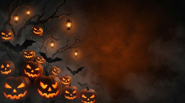 Spooky halloween night with glowing jack o lanterns and lanterns in a dark forest