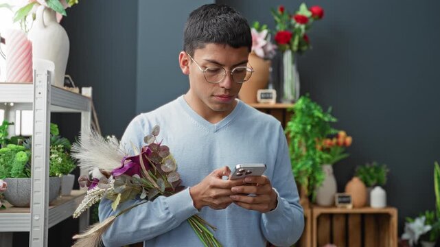 Man holding bouquet and scrolling smartphone in a floral studio, tapping screen while holding stems; concentration.
