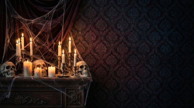 Haunted halloween still life skulls candles and cobwebs on antique furniture