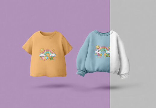 Kawaii Kids T-Shirt And Sweatshirt Mockup Set