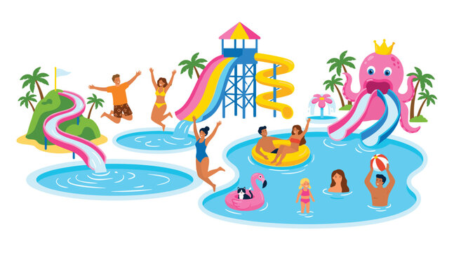 People having fun at water park vector illustration. Aqua slides tower, octopus swimming pool, flamingo float ring, jumping couple splash, beach ball game and summer vacation resort activity.
