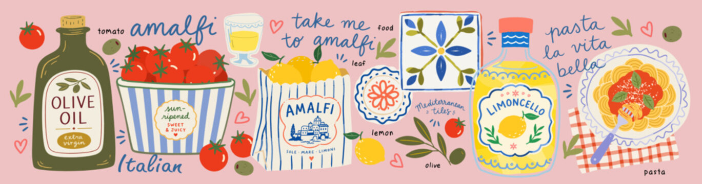 Amalfi. Italian food. Vector illustration of olive oil, tomatoes, lemons, limoncello, pasta, and Mediterranean tiles for a kitchen poster, icons, or a cute T-shirt print.