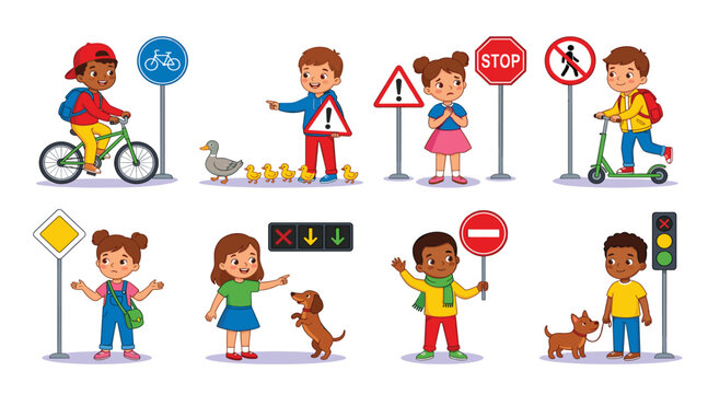 Children learning traffic road signs rules vector illustration. Bicycle path, stop warning sign, pedestrian crossway, scooter ride, traffic light signal, puppy dog leash and ducklings crossing.