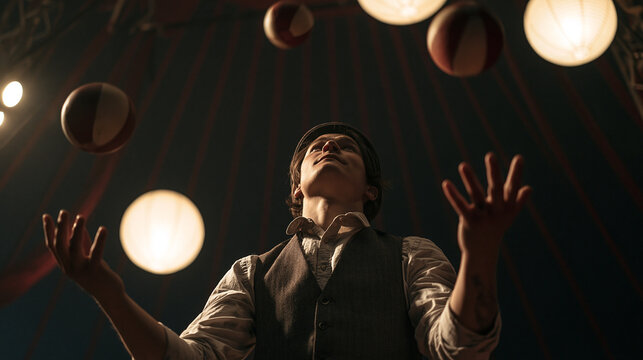 Dynamic Circus Juggler Performance: A Cultural and Entertaining Nighttime Spectacle with Colorful Costumes and Precise Skills