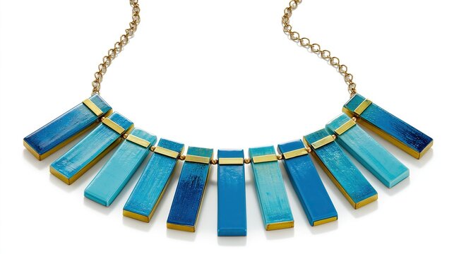 Modern statement necklace made of gradient blue rectangular enamel panels with gold details and gold chain on plain white background handmade fashion jewelry