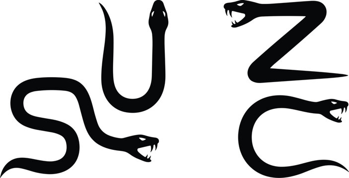 Creative Snake Silhouette Alphabet Letter Set Featuring Aggressive Serpents and Dangerous Vipers Formed in Shapes of English Characters S U Z and C for Typography Branding