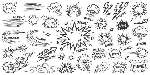 Fototapeta na wymiar Set of hand drawn comic book sound effects and action bubbles with explosions splashes and speed lines elements
