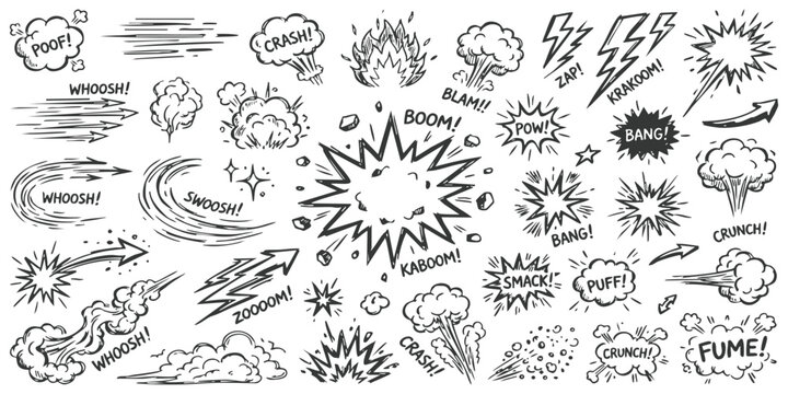 Set of hand drawn comic book sound effects and action bubbles with explosions splashes and speed lines elements
