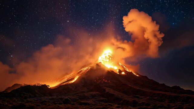 Erupting volcano with flowing lava at night, A volcano at night, with vibrant lava flows cascading down its slopes against a dark sky