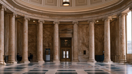 Fototapeta premium Federal courthouse rotunda echoes with footsteps of departing jury through soaring coffered ceiling, attorneys consulting near carved marble columns, security screening equipment