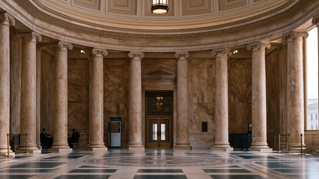 Federal courthouse rotunda echoes with footsteps of departing jury through soaring coffered ceiling, attorneys consulting near carved marble columns, security screening equipment