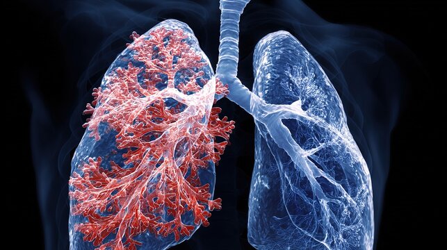 illustration of acute pulmonary embolism, blockage of pulmonary artery by blood clot inside human lung vascular system, cross-section respiratory organ anatomy showing thrombus occlusion,
