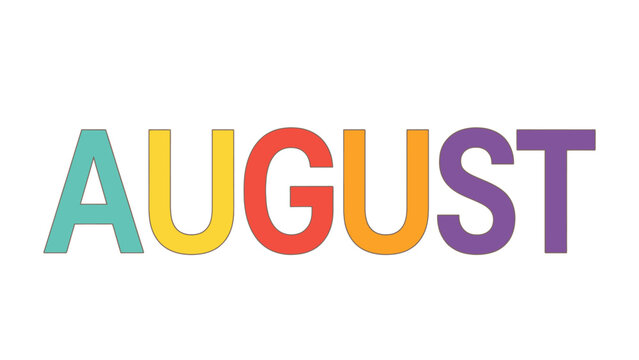 Multicolored August month name in colorful letters on white background