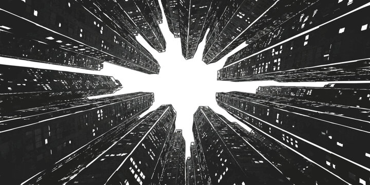 Modern tall city skyscrapers reaching up into the bright sky with a unique upward perspective view at night
