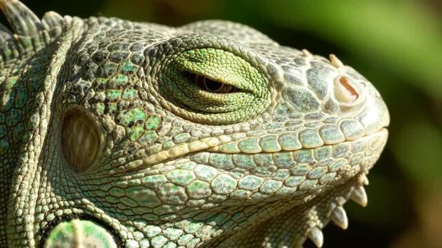 Detailed reptile close up showing a reptilian eye macro footage with textured scales and a calm expression in natural