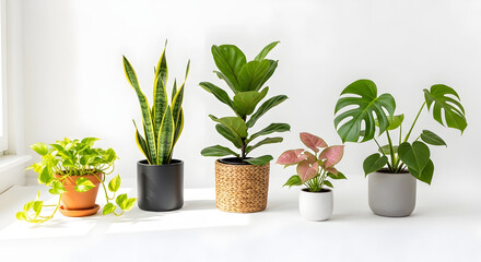 Fototapeta premium Assortment of Potted Houseplants: A curated collection of five distinct potted houseplants, including a snake plant, fiddle leaf fig, monstera, and others.