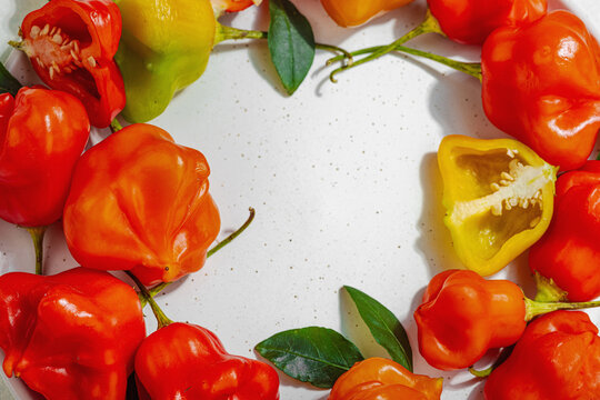 Culinary background of assorted fresh chili peppers on a ceramic plate. Vibrant ingredients