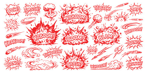Set of colorful comic book explosion speech bubbles with sound effects and action lines for graphic design © ZenVectors