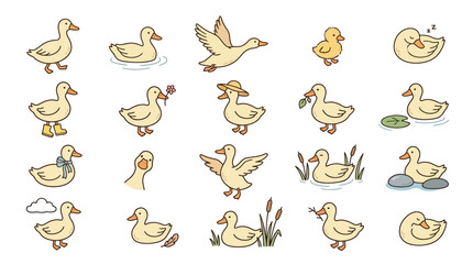 Collection of cute cartoon ducks in various poses and activities, perfect for children's illustrations. © Banana Milk