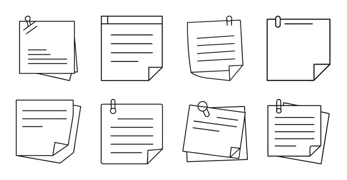 Set of eight colorful sticky notes with lines - Bright and organized collection of sticky notes in various colors, each featuring horizontal lines for writing notes.