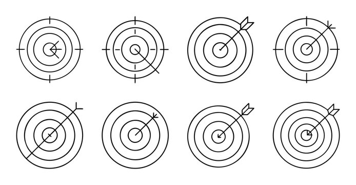 Target practice with archery bullseyes - Set of stylized archery target icons in various sizes and styles for practice or design use.
