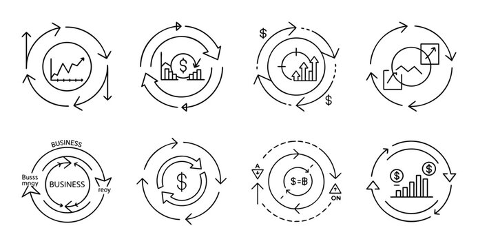 Minimalist circular process flow icons set - Set of clean, flat design circular icons showing process flow with arrows and steps for presentations or websites.