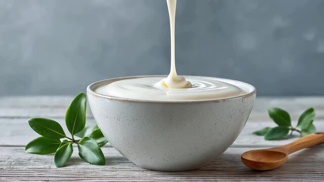 Fresh creamy yogurt pouring into bowl, A bowl of yogurt with a spoon rests on a wooden table