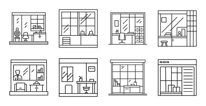 Modern apartment floor plan vector icons set - Clean vector icons showing different apartment layouts with furniture placement and room divisions.