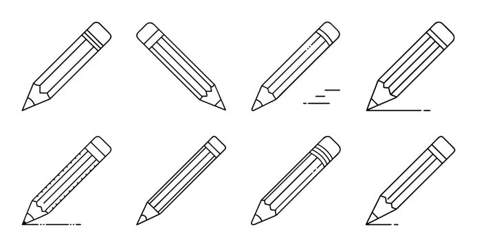 Eight stylized pencils in different angles - Minimalist vector illustration of eight pencils drawn in various poses and angles, perfect for education or office themes.