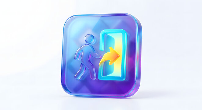 3D Transparent Exit Icon Glossy Glass UI Button Isolated on White Background Modern Interface Design High Resolution
