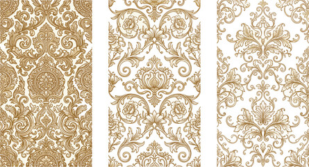 Luxury Golden Damask Seamless Pattern Trio Featuring Elegant Vintage Baroque Floral Ornaments, Classic Arabesque Swirls, and Ornate Victorian Scrollwork Textures for Decorative Backgrounds © shakil