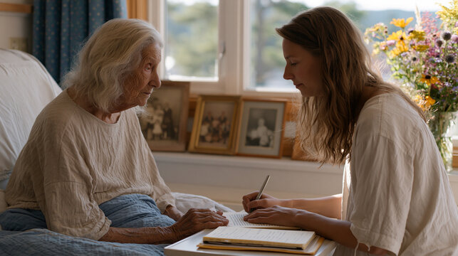 End of life doula facilitating a legacy project session, an elderly woman dictating memories while the doula types at a small desk in a hospice room, framed family portraits