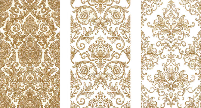 Luxury Golden Damask Seamless Pattern Trio Featuring Elegant Vintage Baroque Floral Ornaments, Classic Arabesque Swirls, and Ornate Victorian Scrollwork Textures for Decorative Backgrounds