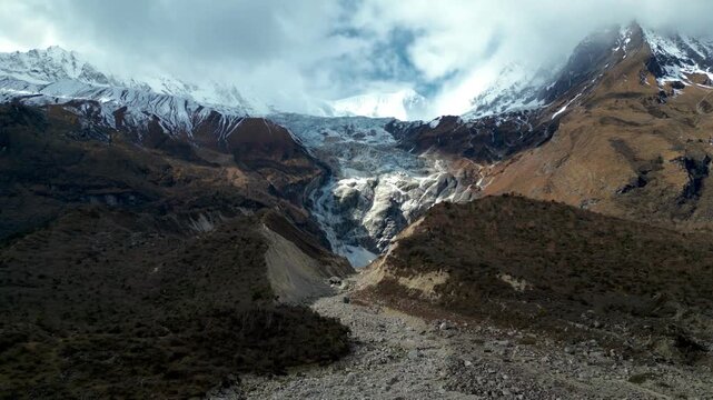 Aerial Approach to Manaslu Glacier Above Birendra Lake on Manaslu Base Camp Trek, Nepal