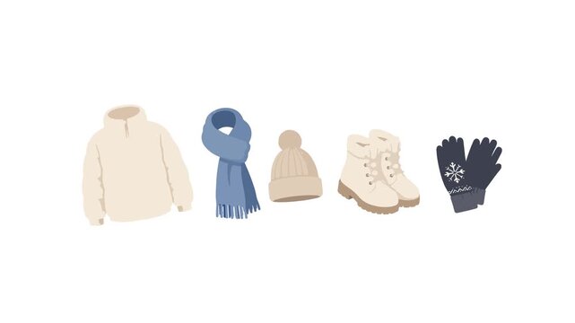 Simple winter animation featuring a jacket, scarf, hat, boots and gloves. 