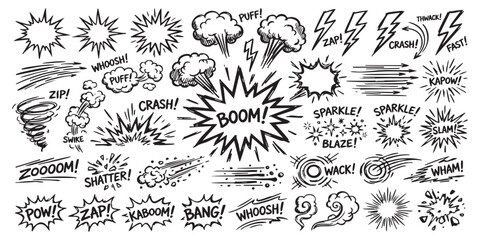 Set of hand drawn comic book sound effects and action bubbles with explosive shapes and speed lines symbols © ZenVectors