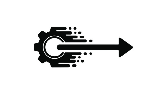 Gear icon with a forward arrow symbolizes rapid industrial progress and efficient mechanical workflow processes.