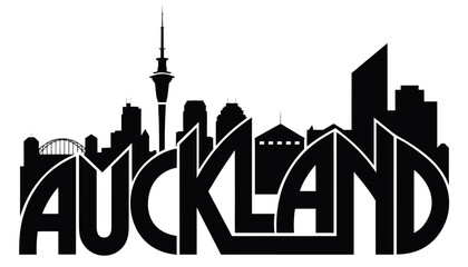 Fototapeta premium Vector illustration of Auckland skyline in black silhouette, with “AUCKLAND” text, on white background, modern city identity and tourism design