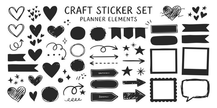 Set of hand drawn black craft stickers and planner elements with hearts arrows stars and frames for design