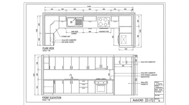 Detailed blueprint of a modern kitchen layout with AutoCAD design and measurements